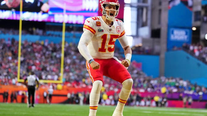 Kansas City Chiefs QB Patrick Mahomes yells in celebration after beating the Philadelphia Eagles in Super Bowl LVII at State Farm Stadium in Glendale, Arizona.