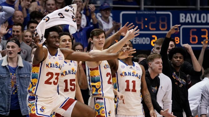 Kansas Jayhawks celebrates during a game against the Baylor Bears in the second half of the game at Allen Fieldhouse in Lawrence, Kansas.