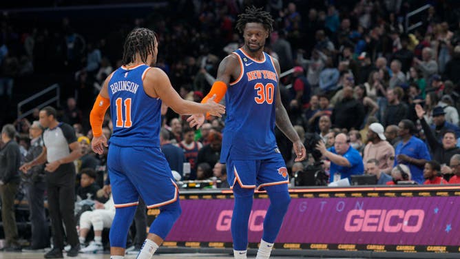 New York Knicks PG Jalen Brunson and PF Julius Randle celebrate a win vs. the Wizards at Capital One Arena in Washington, DC.