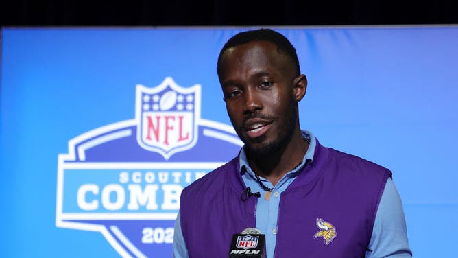 General Manager Kwesi Adofo-Mensah of the Minnesota Vikings speaks to the media during the NFL Combine, mentioning the role Justin Jefferson has in team-building.