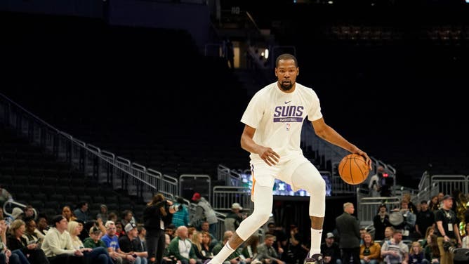 Kevin Durant warms up before a Phoenix Suns vs. Milwaukee Bucks game at Fiserv Forum in Milwaukee, Wisconsin.