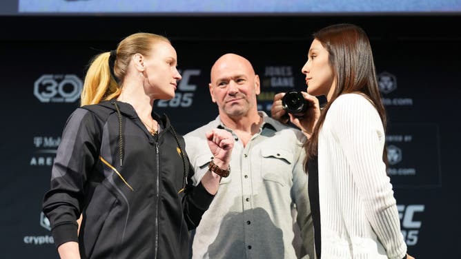 Valentina Shevchenko and Alexa Grasso face off during the UFC 285 Press Conference in Las Vegas.