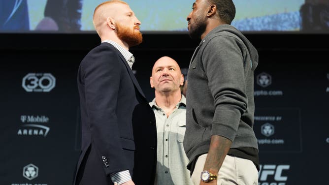 Bo Nickal and Jamie Pickett face off during the UFC 285 Press Conference in Las Vegas.