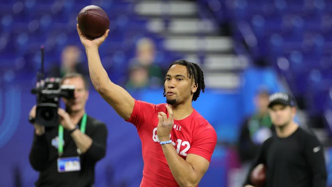 CJ Stroud of Ohio State participates in a drill during the NFL Combine at Lucas Oil Stadium on March 04, 2023 in Indianapolis, Indiana.