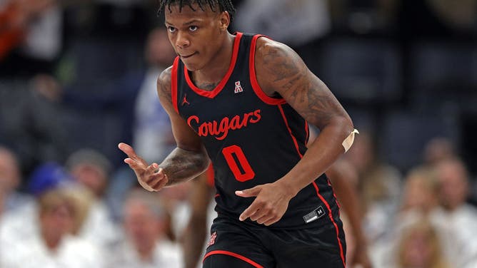 Marcus Sasser of the Houston Cougars reacts during a game. Houston is the top-seeded team in the Midwest Region in the NCAA Tournament bracket.