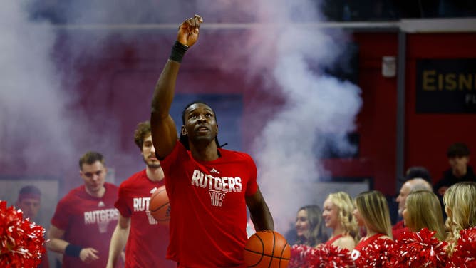 Rutgers Scarlet Knights C Clifford Omoruyi takes the court with his teammates before a game vs. the Northwestern Wildcats at Jersey Mike's Arena in Piscataway, New Jersey.