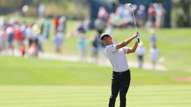 Justin Suh plays an approach shot on the 1st hole during the final round of THE PLAYERS Championship at TPC Sawgrass in Ponte Vedra Beach, Florida.