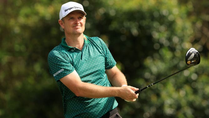 Justin Rose plays his shot from the 15th tee during the final round of THE PLAYERS Championship at TPC Sawgrass in Ponte Vedra Beach, Florida.