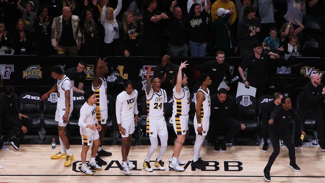 VCU Rams celebrate after hitting a 3-pointer vs. the Dayton Flyers in the Atlantic 10 Tournament Championship game at Barclays Center in New York City.