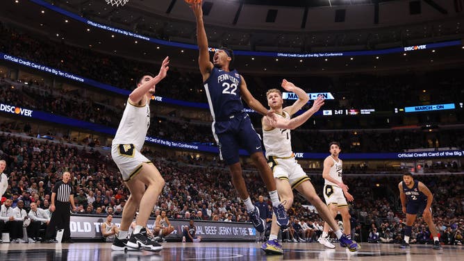 Penn State PG Jalen Pickett goes up for a layup against Purdue during the Big Ten Basketball Tournament Championship game at United Center in Chicago.