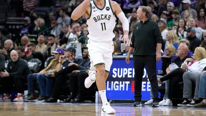 Milwaukee Bucks C Brook Lopez reacts after banging a 3-pointer vs. the Kings at Golden 1 Center in Sacramento, California.