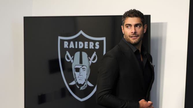 Quarterback Jimmy Garoppolo is introduced at the Las Vegas Raiders Headquarters/Intermountain Healthcare Performance Center on March 17, 2023 in Henderson, Nevada