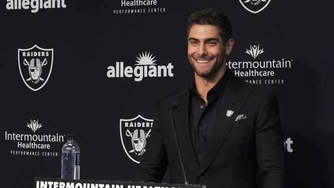 Quarterback Jimmy Garoppolo is introduced at the Las Vegas Raiders Headquarters/Intermountain Healthcare Performance Center on March 17, 2023 in Henderson, Nevada.