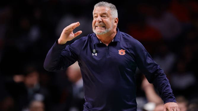 Auburn Tigers head coach Bruce Pearl going ballistic on the sidelines vs. Iowa during the NCAA Tournament at Legacy Arena in Birmingham, Alabama.