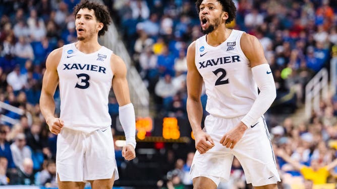 Xavier Musketeers reacts to a big moment against the Pittsburgh Panthers in the 2nd round of the 2023 NCAA Tournament at Greensboro Coliseum in North Carolina.