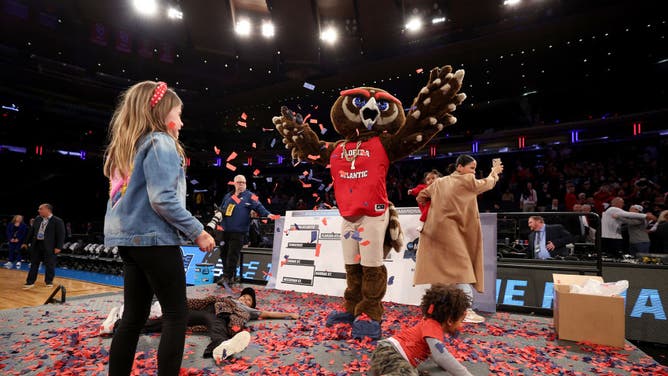 The Florida Atlantic Owls mascot celebrates after defeating the Kansas State Wildcats in the Elite Eight of the NCAA Tournament 2023 at Madison Square Garden.
