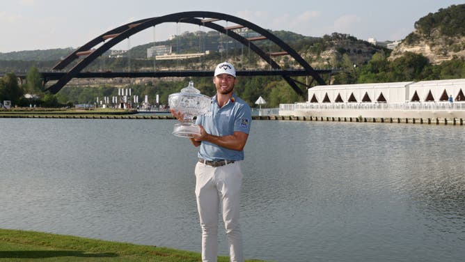 Burns poses with the trophy after winning the 2023 WGC-Dell Technologies Match Play at Austin Country Club in Texas.