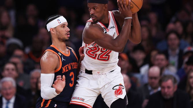 Heat wing Jimmy Butler posts up Knicks wing Josh Hart at Madison Square Garden.