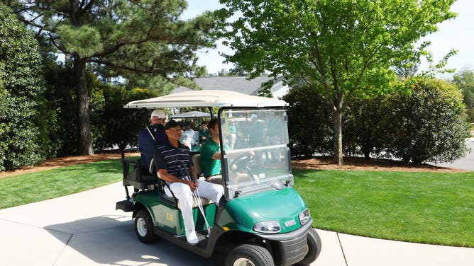 Tiger Woods of the United States ride is a golf cart in the practice area prior to the 2023 Masters Tournament at Augusta National Golf Club on April 02, 2023 in Augusta, Georgia.