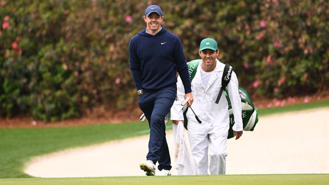 McIlroy and caddie Harry Diamond during a practice round for the 2023 Masters at Augusta National Golf Club in Georgia.