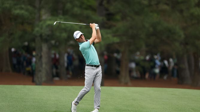 Justin Thomas plays a shot during a practice round prior to the 2023 Masters at Augusta National Golf Club.