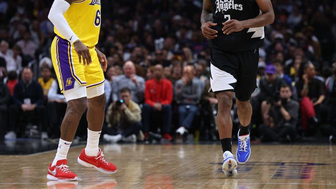 Lakers' LeBron James guards Clippers All-Star Kawhi Leonard at Crypto.com Arena in Los Angeles.