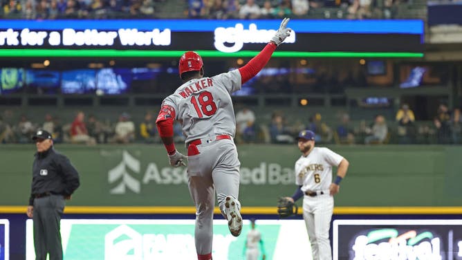 Jordan Walker of the St. Louis Cardinals celebrates a two run home run against the Milwaukee Brewers.