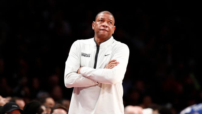 76ers coach Doc Rivers on the sidelines vs. the Brooklyn Nets at Barclays Center.
