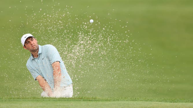 Scottie Scheffler of the United States plays a shot from a bunker during the RBC Heritage at Harbour Town Golf Links.