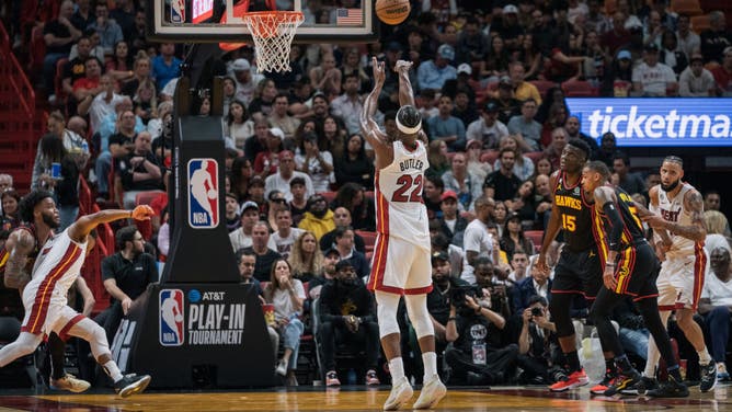 Heat forward Jimmy Butler shoots a free-throw vs. the Atlanta Hawks in an NBA game at Kaseya Center in Miami.