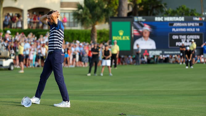 Jordan Spieth of the United States reacts to his missed putt on the first playoff hole during the final round of the RBC Heritage at Harbour Town Golf Links on April 16, 2023 in Hilton Head Island, South Carolina.