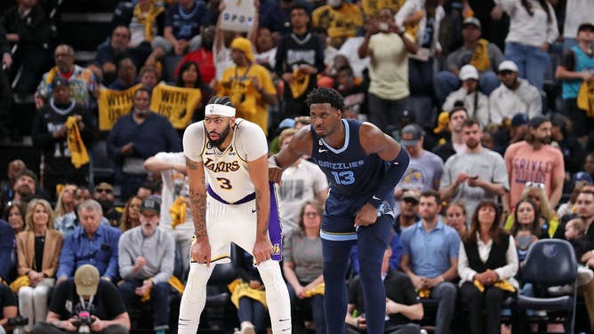 Lakers big Anthony Davis and Grizzlies big Jaren Jackson Jr. during Game 1 of the 2023 NBA Western Conference 1st-Round Playoffs at FedExForum in Memphis, Tennessee.