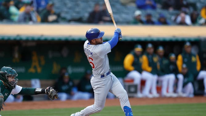 Cubs' Patrick Wisdom hits a solo home run against the Athletics at RingCentral Coliseum in Oakland, California.