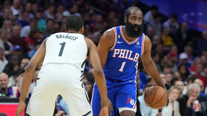 76ers G James Harden dribbles the ball vs. Nets SF Mikal Bridges during Game 2 of the Eastern Conference 1st-Round Playoffs at the Wells Fargo Center in Philadelphia.