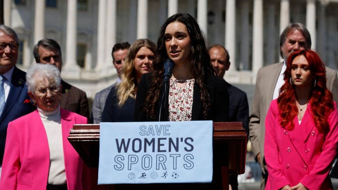 Skateboarder Taylor Silverman speaks during an event celebrating the House of Representatives passing The Protection Of Women And Girls In Sports Act outside the U.S. Capitol on April 20, 2023 in Washington, DC. President Joe Biden has promised to veto the legislation, which defines sex as 'based solely on a person’s reproductive biology and genetics at birth' and would ban all transgender women and girls from competing in female school sports.