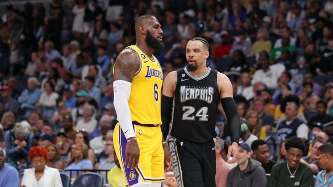 Former Grizzlies wing Dillon Brooks and LeBron James talk smack during Game 2 of the Western Conference First Round Playoffs at FedExForum in Memphis, Tennessee.