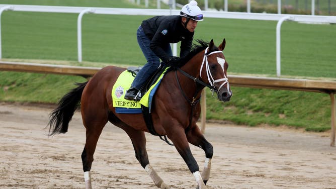 Verifying runs on the track during the morning training for the Kentucky Derby at Churchill Downs in Louisville.