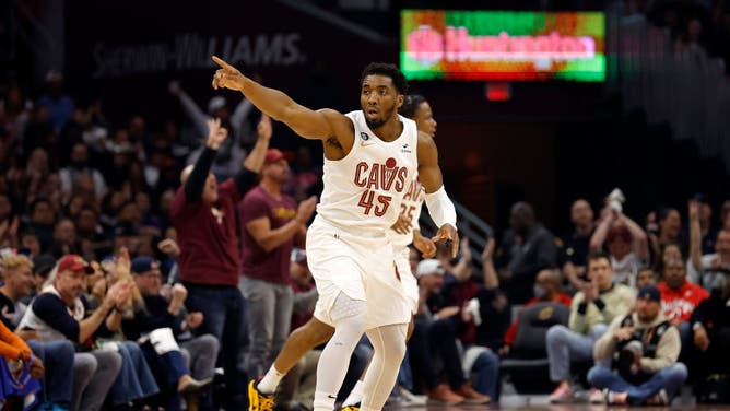 Cavaliers SG Donovan Mitchell drops back on defense during Game 5 of the Eastern Conference 1st-Round Playoffs vs. the Knicks at Rocket Mortgage Fieldhouse in Cleveland, Ohio.