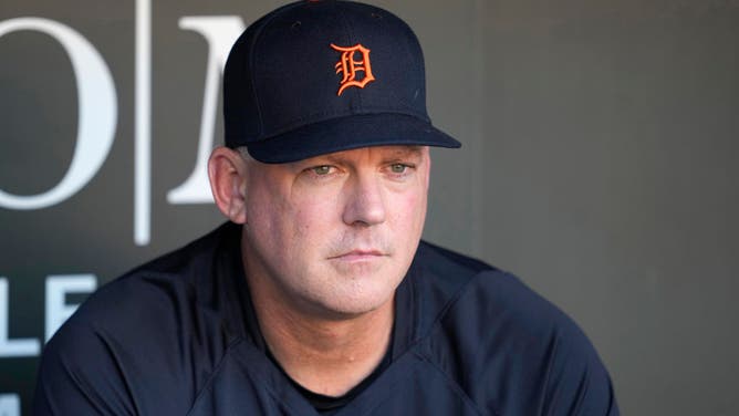 Manger AJ Hinch of the Detroit Tigers looks on during batting practice prior to a game.