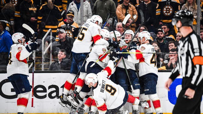 The Florida Panthers celebrate their overtime win against the Boston Bruins in Game 7 of the First Round of the 2023 Stanley Cup Playoffs.