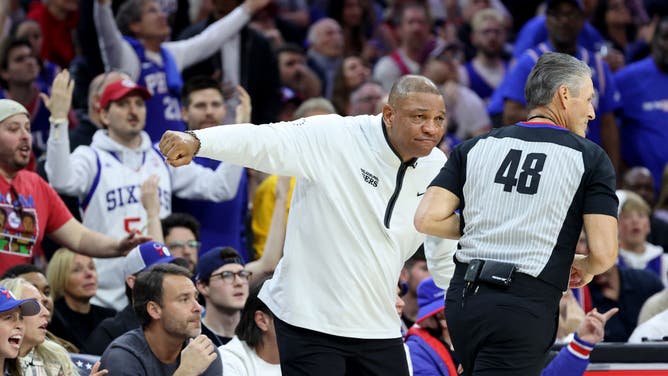 76ers coach Doc Rivers reacts to a no-call vs. the Boston Celtics in Game 3 of the Eastern Conference Semifinals at Wells Fargo Center in Philadelphia.
