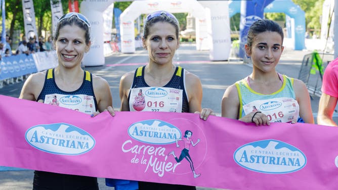 Serbian twin sisters Ivana Zagorac and Sladjana Zagorac and Silvia Rey Veiga, third, winners of the ninth edition of the Madrid Women's Race 2023, on May 7, 2023, in Madrid, Spain. Prizes for the winners were later deemed 
