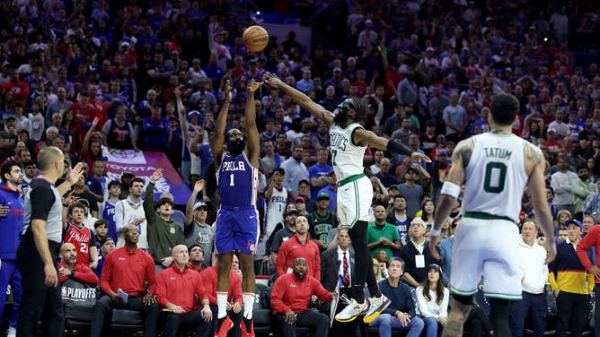 76ers PG James Harden shoots the game-winning 3-pointer over Celtics SF Jaylen Brown during overtime in Game 4 of the Eastern Conference Semifinals at Wells Fargo Center in Philadelphia.