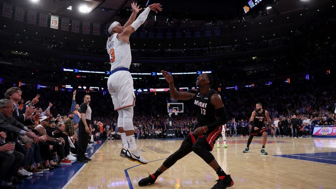 New York Knicks wing Josh Hart shoots a 3-pointer over Miami Heat big Bam Adebayo at Madison Square Garden in New York.