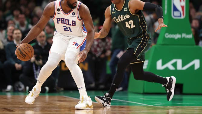 76ers C Joel Embiid posts up Celtics C Al Horford during Game 5 of the Eastern Conference Semifinals at TD Garden in Boston.