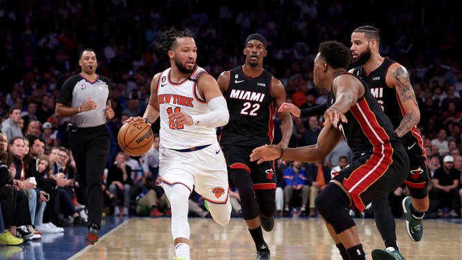 New York Knicks PG Jalen Brunson dribbles against the Miami Heat Game 5 of the 2023 Eastern Conference Semifinals at Madison Square Garden.