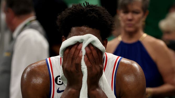 NBA MVP Joel Embiid of the Philadelphia 76ers reacts as the team's season ends in a Game 7 loss to the Boston Celtics in the Eastern Conference playoffs.