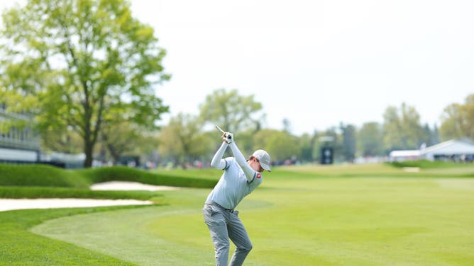 Matt Fitzpatrick plays a shot on the 6th hole during a practice round prior to the 2023 PGA Championship at Oak Hill Country Club in Rochester, New York.