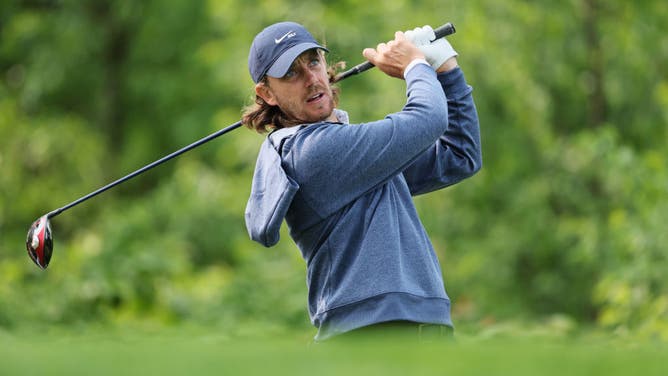 Tommy Fleetwood plays his shot from the 4th tee during a practice round prior to the 2023 PGA Championship at Oak Hill Country Club in Rochester, New York.