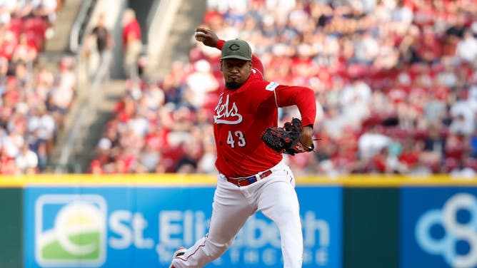 Reds closer Alexis Diaz pitches during the game vs. the New York Yankees at Great American Ball Park in Cincinnati, Ohio.